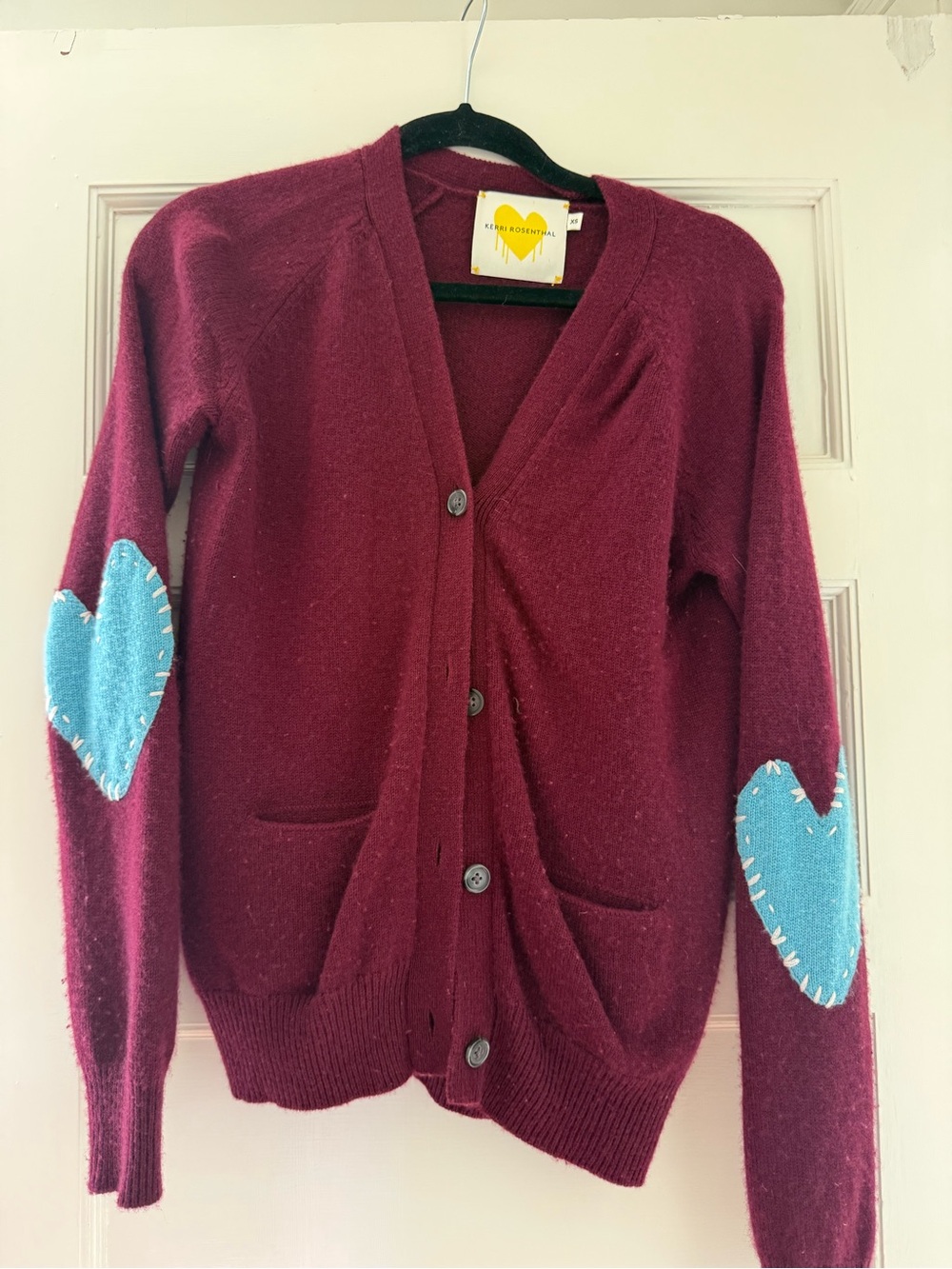 Rosenthal Burgundy Cardigan with Blue Heart Elbow Patches